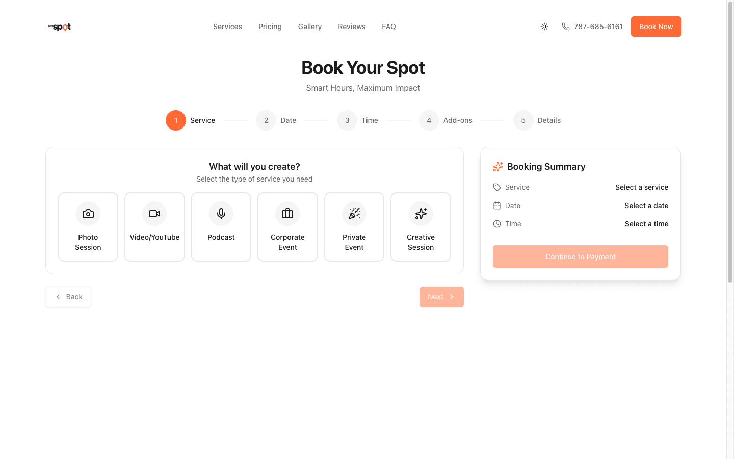 Booking flow paso 1: selector de servicios con iconos y descripciones