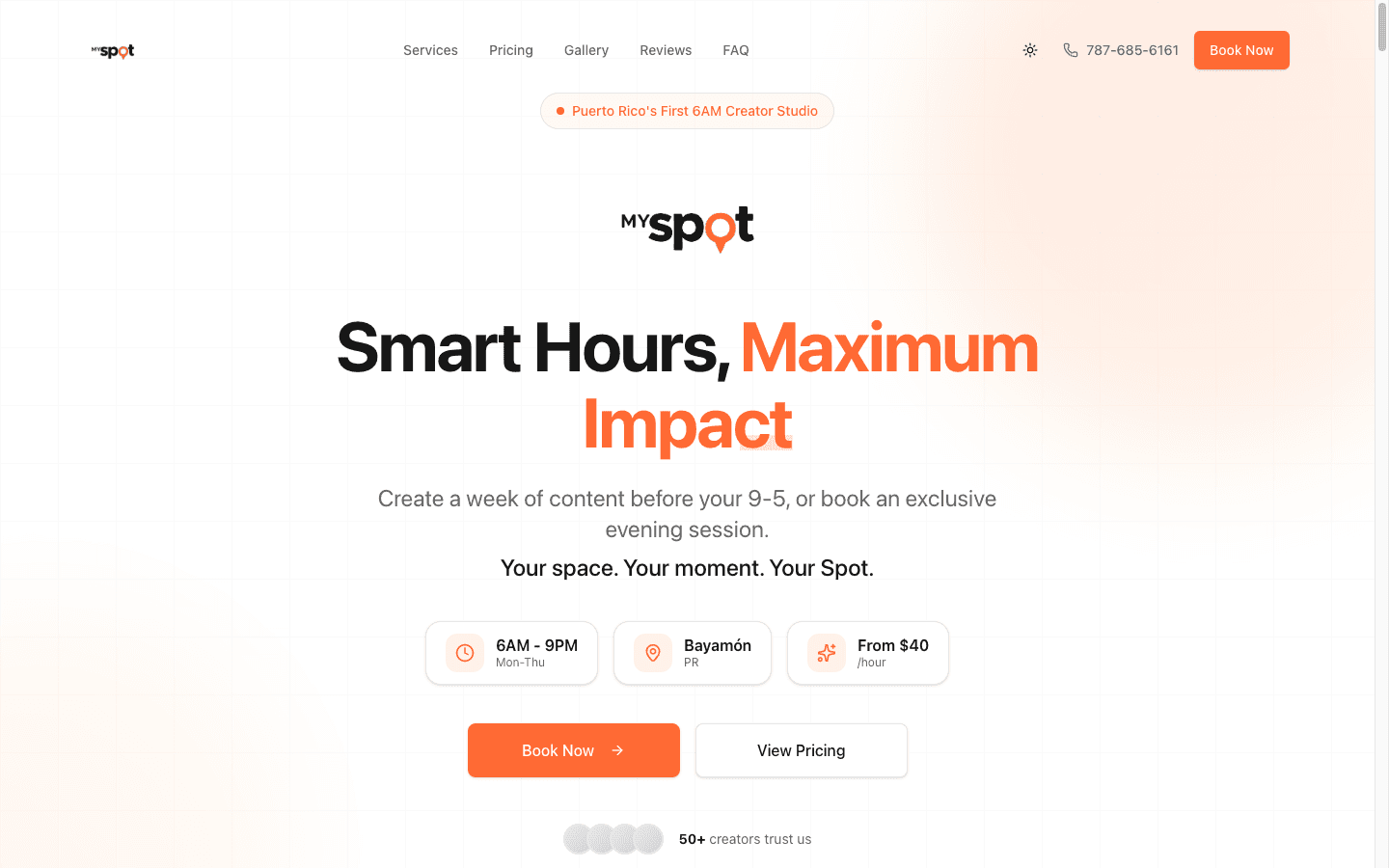 Landing page de MySpot787 — hero con animaciones y CTA