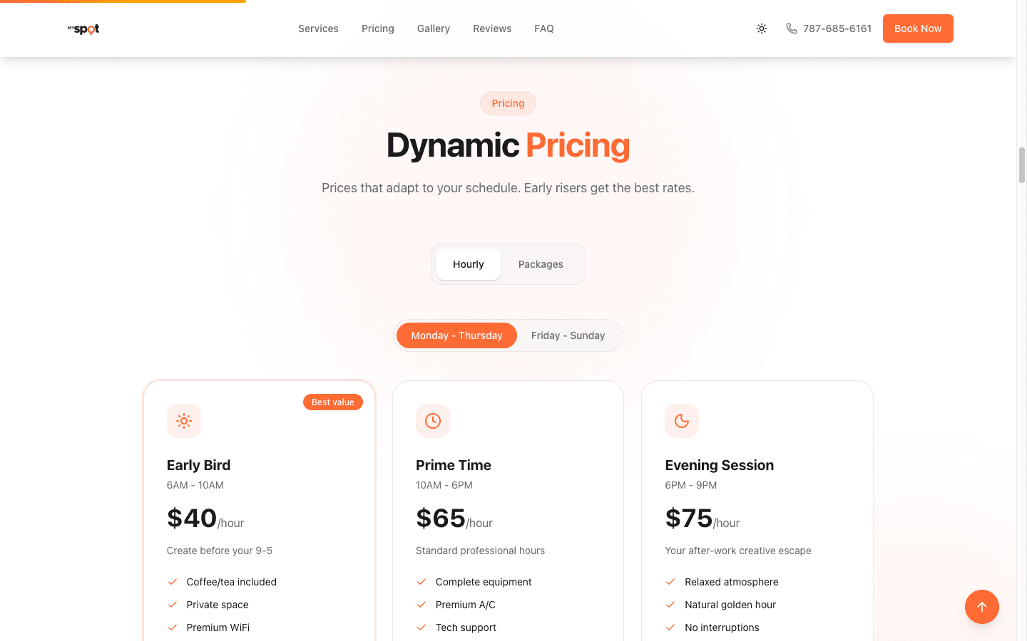 Sección de pricing dinámico con tabs y precios por horario